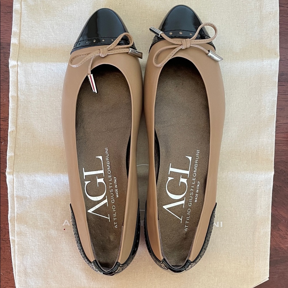 AGL Tan and Black Cap-Toe Flats